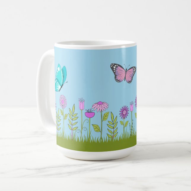 Mug Fleurs roses et papillon imprimés partout  (Devant gauche)