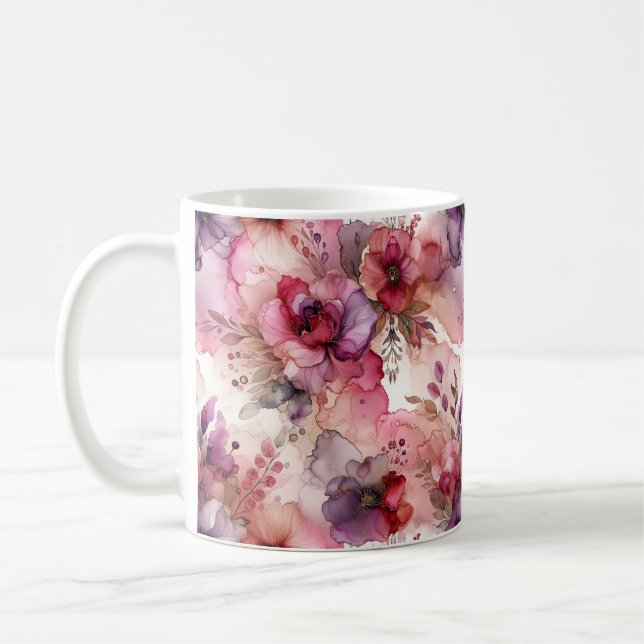 Mug Fleurs roses et violettes Illustration de l'encre  (Gauche)