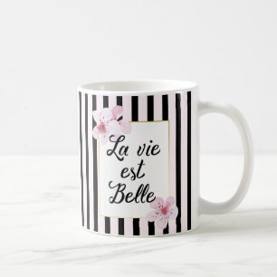 Mug Fleurs roses féminines et bandes noires