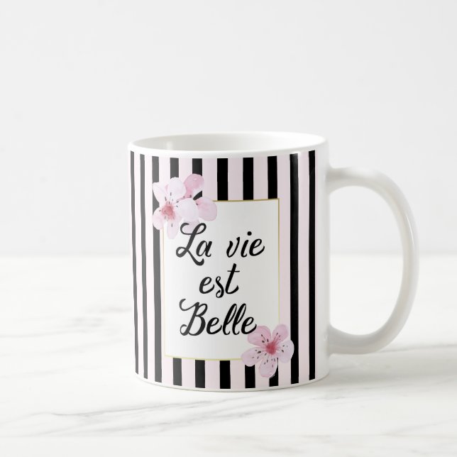Mug Fleurs roses féminines et bandes noires (Droite)