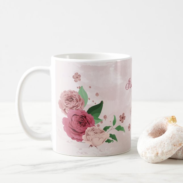 Mug fleurs roses feuilles vertes  (Avec donut)
