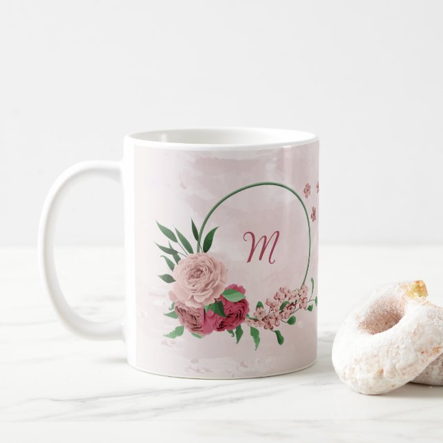 Mug fleurs roses feuilles vertes  (Avec donut)