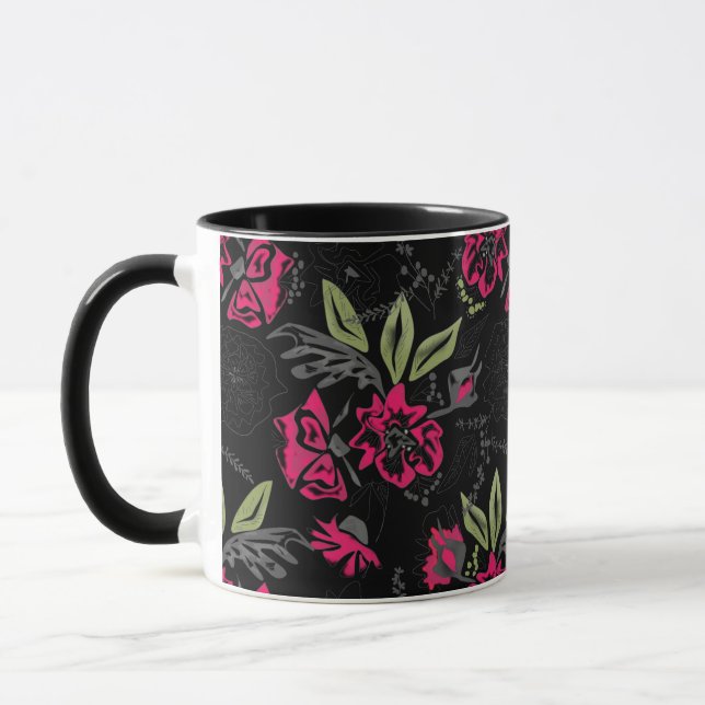 Mug Fleurs roses florales vert feuille croquis (Gauche)