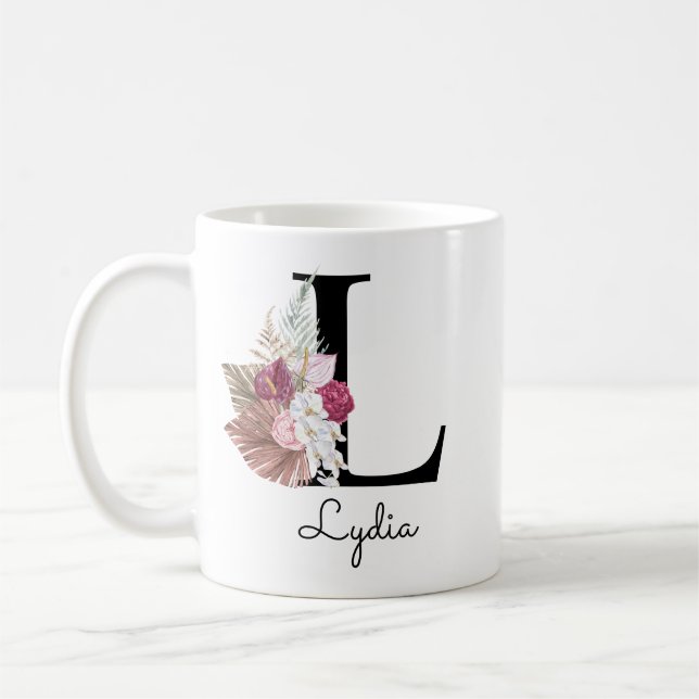 Mug Fleurs roses initiales monogrammées L (Gauche)
