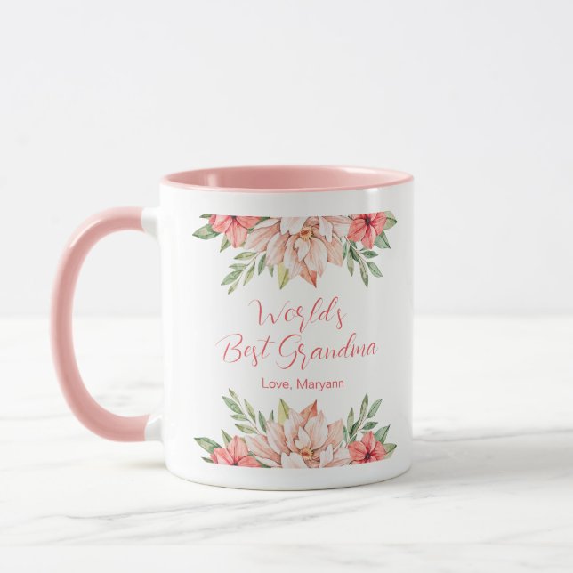 Mug Fleurs roses personnalisées la meilleure grand-mèr (Gauche)