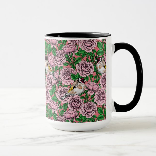 Mug Fleurs roses roses et oiseaux dorés (Droite)