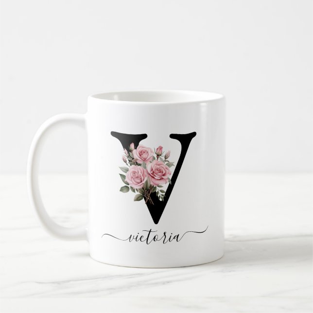 Mug Fleurs Roses Roses Fleur Monogramme V Initial (Gauche)