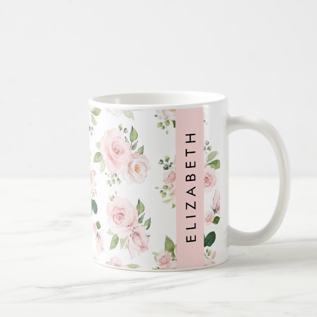 Mug Fleurs roses, Roses, Fleurs Aquarelles, Votre Nom (Droite)