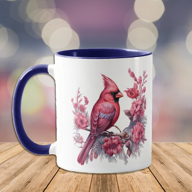 Mug Fleurs roses Rouge Cardinal bleu Monogramme (Créateur téléchargé)