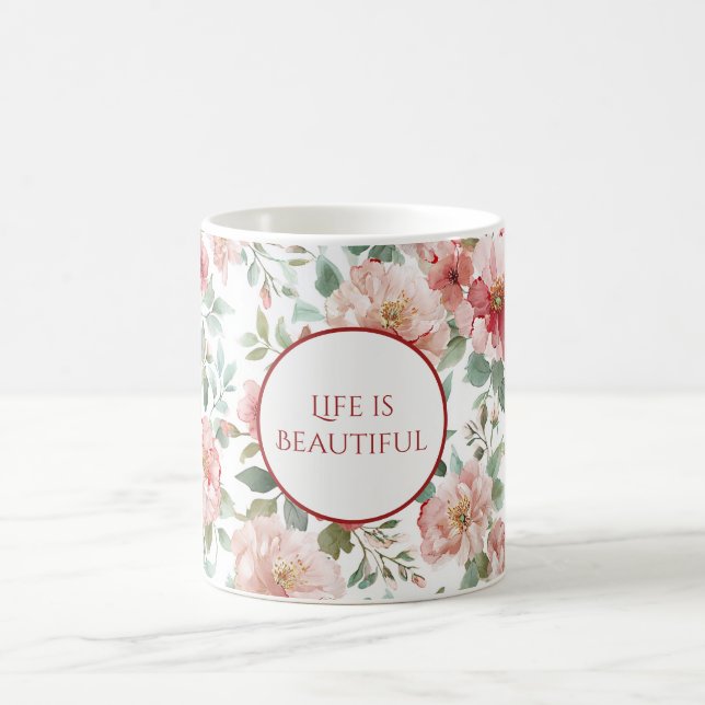 Mug Fleurs roses rouges Citation personnalisée (Centre)