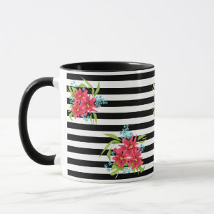 Mug Fleurs roses sans couture florales rayées noir et 