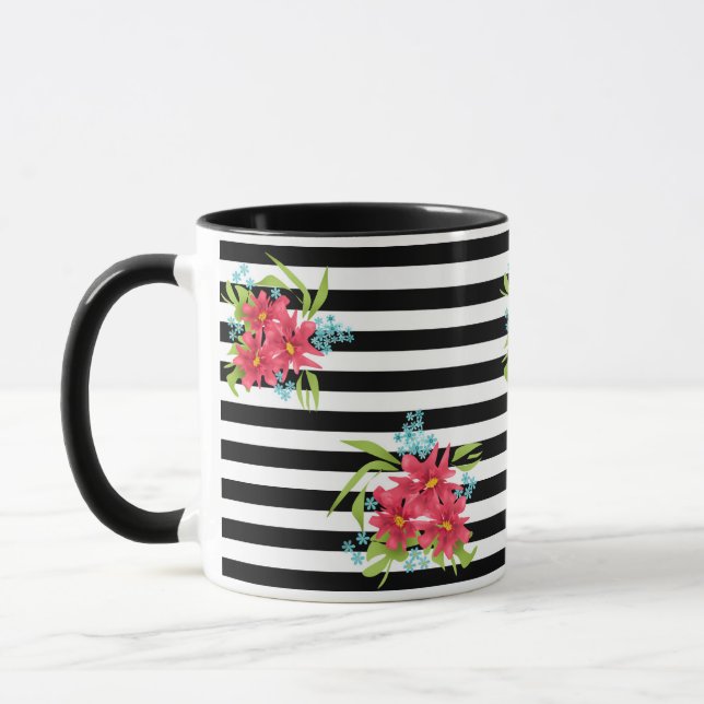 Mug Fleurs roses sans joint floral noir blanc rayé l (Gauche)