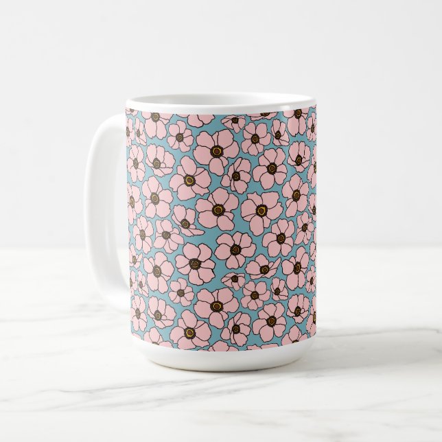 Mug Fleurs roses sur fond bleu   (Devant gauche)
