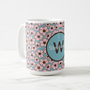 Mug Fleurs roses sur fond bleu avec monogramme 
