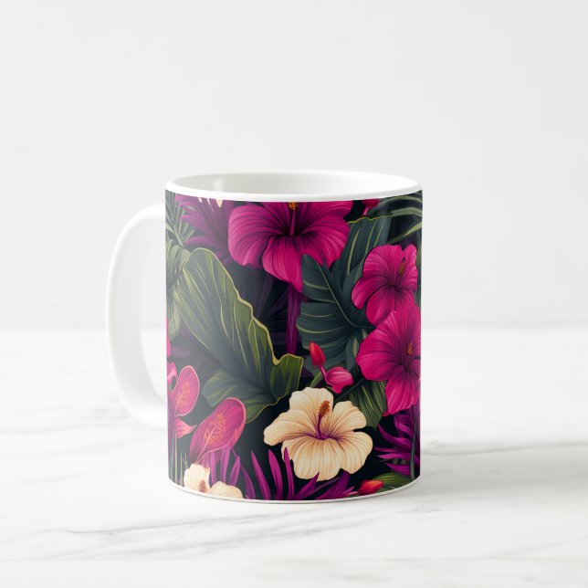 Mug Fleurs roses tropicales Motif Feuille (Devant gauche)
