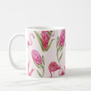 Mug Fleurs roses tropicales, protéa, oiseau de paradis