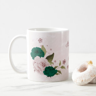 Mug fleurs roses vert émeraude