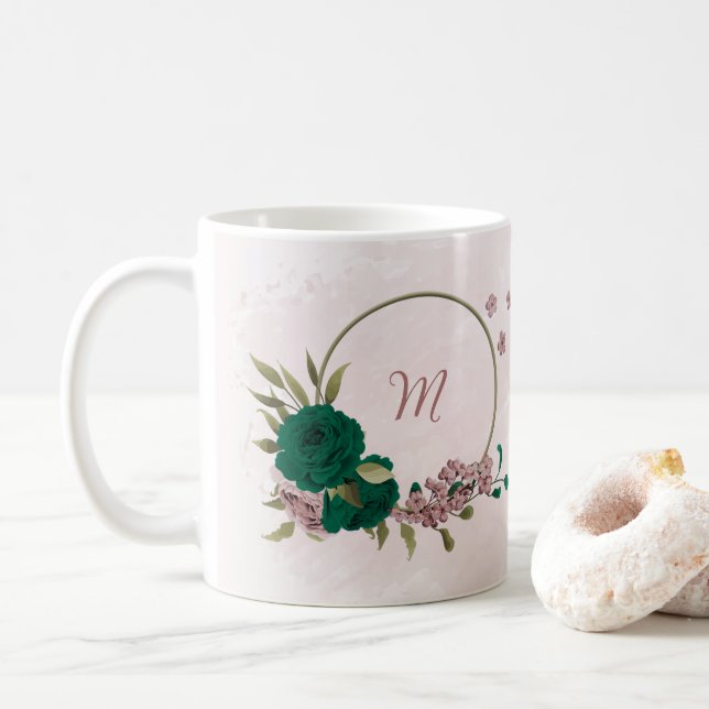 Mug fleurs roses vert émeraude  (Avec donut)