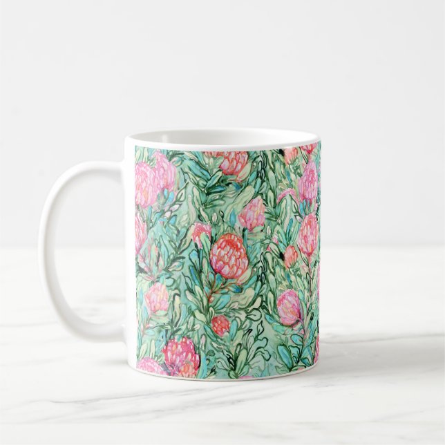 Mug Fleurs roses, vert sauge, sans soudure. (Gauche)