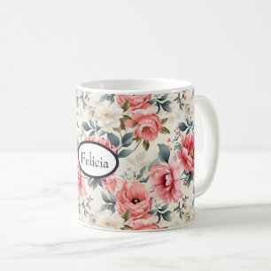 Mug Fleurs roses vintage corail