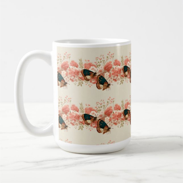 Mug Fleurs roses vintage de printemps avec papillons (Gauche)