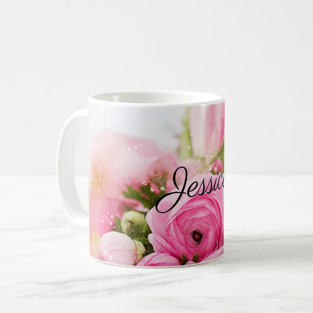 Mug Fleurs roses Vintages avec votre nom (Devant gauche)