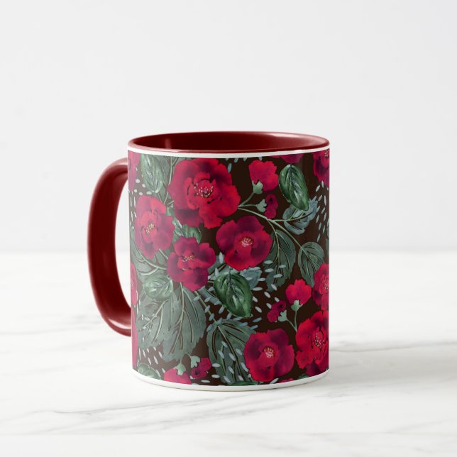 Mug Fleurs rouges, aquarelle motifs floraux. (Devant gauche)