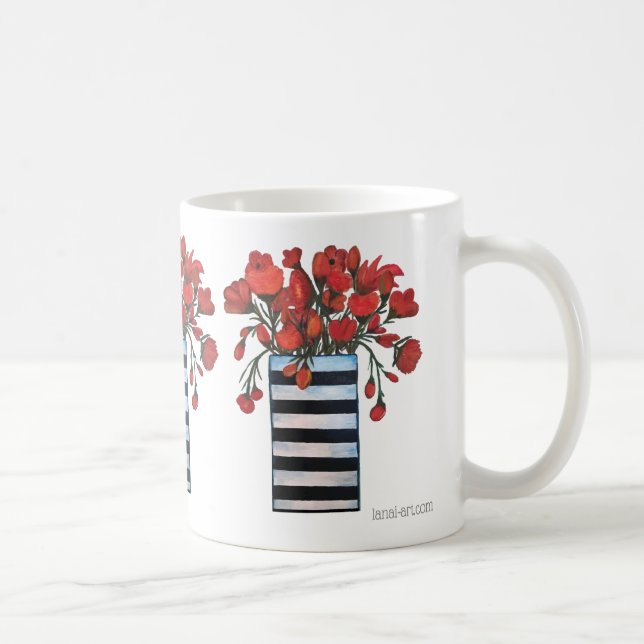 Mug Fleurs rouges avec des beaux-arts rayés de vase (Droite)