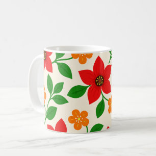 Mug Fleurs rouges et oranges avec feuilles vertes