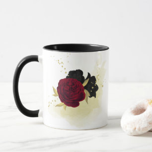 Mug fleurs rouges noires feuilles dorées