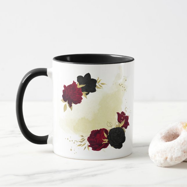 Mug fleurs rouges noires feuilles dorées (Avec donut)