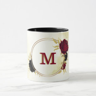 Mug fleurs rouges noires or feuilles