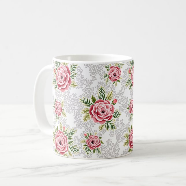 Mug Fleurs rouges sur Arrière - plan dentelé (Devant gauche)