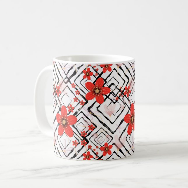 Mug Fleurs rouges sur fond blanc et noir. (Devant gauche)