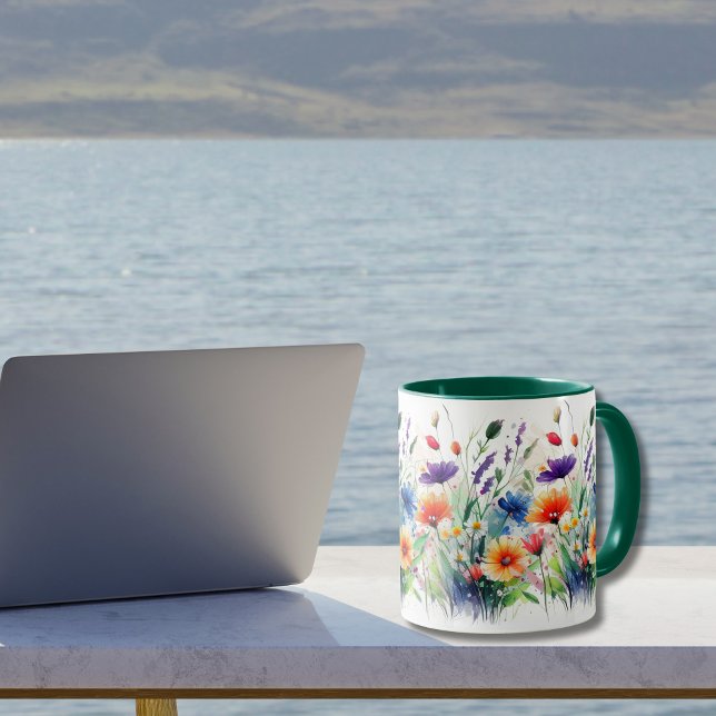 Mug Fleurs sauvages aquarelle florale cadeau boho pour (Watercolor Wildflowers on a colored handle coffee mug. Choose from many different colored handles)