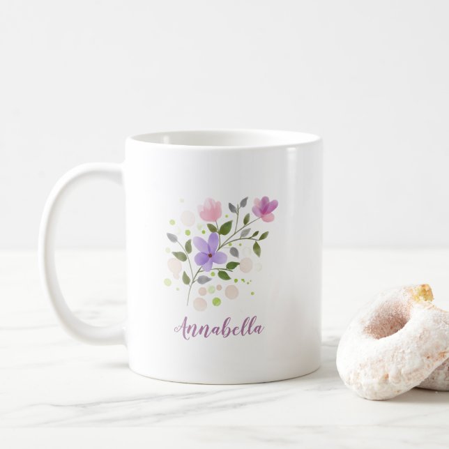 Mug Fleurs sauvages aquarelles élégantes avec nom cade (Avec donut)