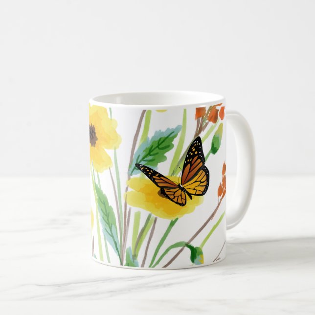Mug Fleurs sauvages d'aquarelle avec jardin papillon (Devant droit)