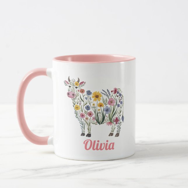 Mug Fleurs sauvages d'aquarelle en forme de Vache mign (Gauche)