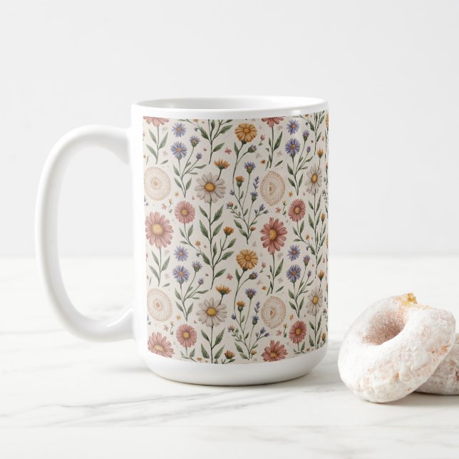 Mug Fleurs sauvages dessinées à la main en patchwork s (Avec donut)