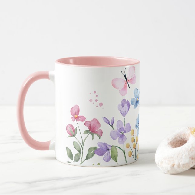 Mug Fleurs sauvages et papillons muet (Avec donut)
