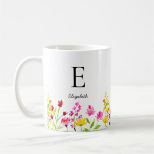 Mug Fleurs sauvages monogramme personnalisé aquarelle