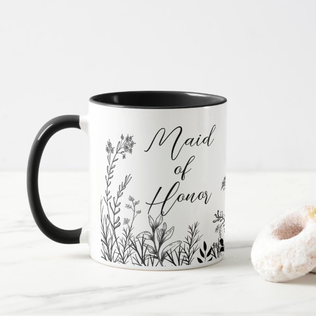 Mug Fleurs sauvages noires et blanches honorées (Avec donut)