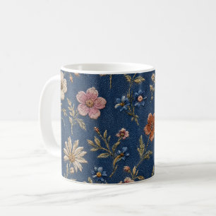 Mug Fleurs sauvages simples brodées sur fond de denim