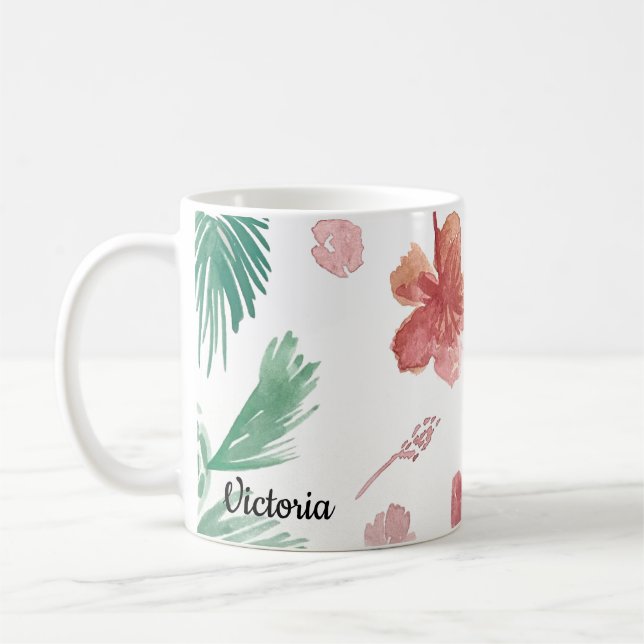 Mug Fleurs Tropicales Aquarelle Nom de Maman (Gauche)