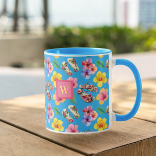 Mug Fleurs tropicales avec FlipFlops Monogramme rose s