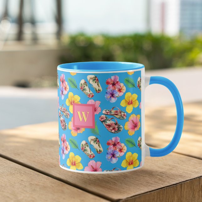 Mug Fleurs tropicales avec FlipFlops Monogramme rose s (Créateur téléchargé)
