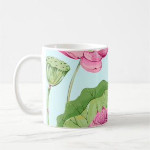 Mug Fleurs tropicales, feuilles, lotus roses, nénuphar