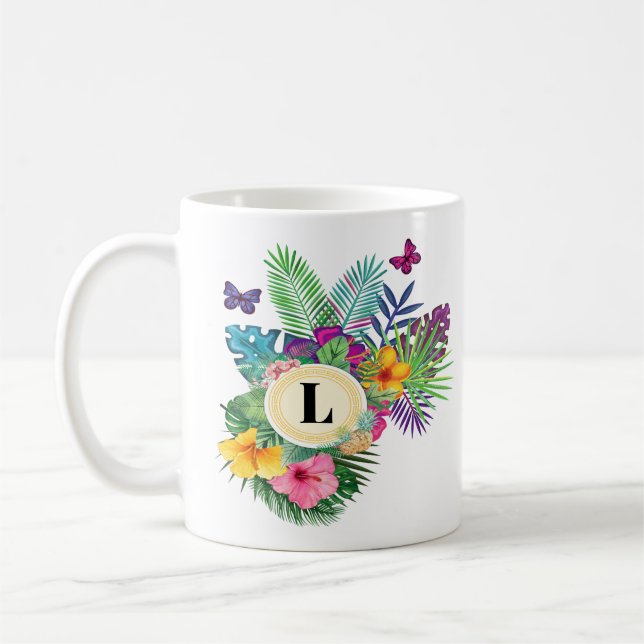 Mug Fleurs Tropicales Hawaiiennes Et Papillons Monogra (Gauche)