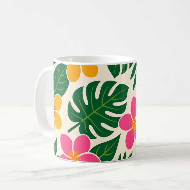 Mug Fleurs tropicales orange et rose avec feuilles ver (Devant gauche)