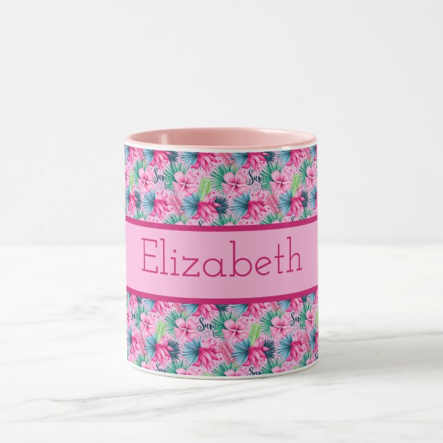 Mug Fleurs tropicales rose vert bleu Monogramme  (Centre)